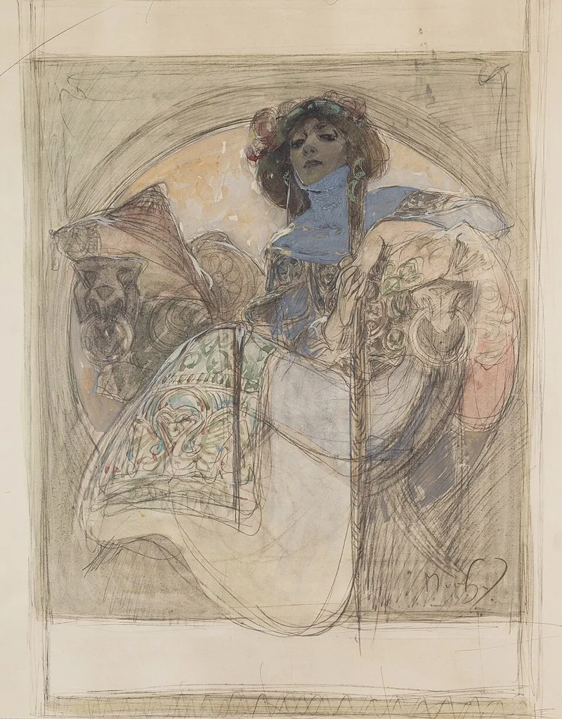 "Mujer sentada: estudio para un cartel" (Seated Woman – Study for a Poster, 1897), Alphonse Mucha